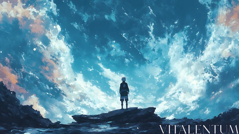 Lone anime hero contemplates a vast swirling cosmic sky