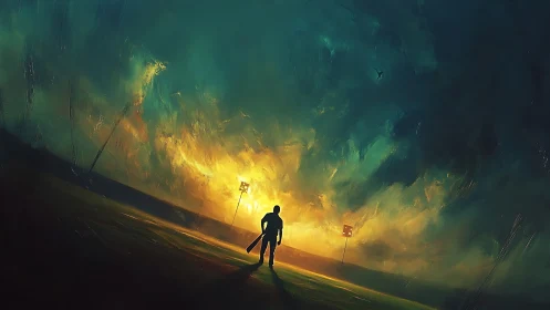 Silhouetted figure on field before illuminated storm sky.