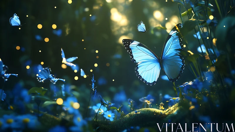 Blue butterflies in magical forest at dusk, ethereal fantasy style.