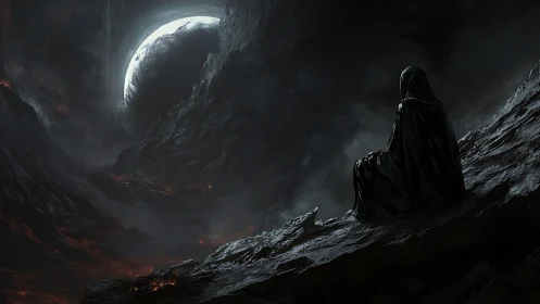 Cloaked figure on rocky slope facing large crescent moon.