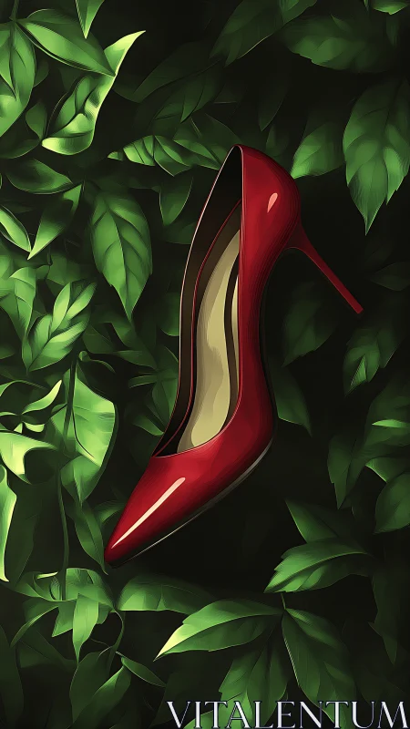 Red high heel shoe lies centered amid dense green foliage