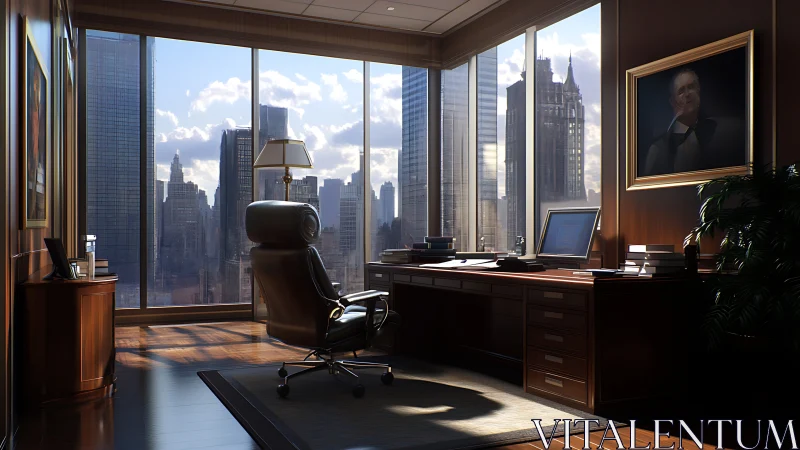 Executive corner office with city skyline view at sunset.
