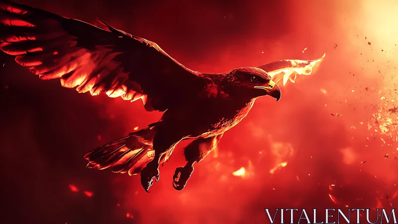 Majestic eagle in flight over fiery background, digital art style.