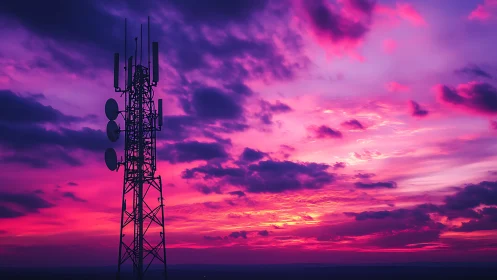 Telecom tower silhouette under magenta violet sunset sky.