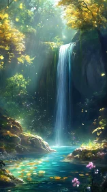 Luminous forest waterfall cascades into a tranquil turquoise pool