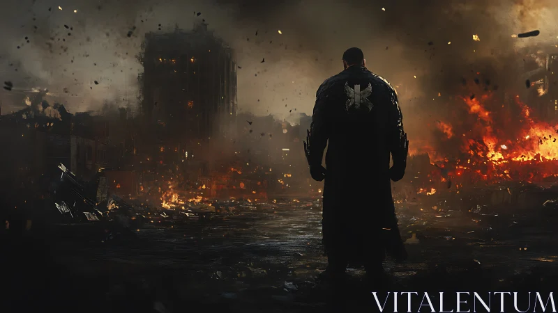 Lone figure stands in burning urban ruins at night