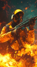Armed figure in protective gear amid flames and particle effects