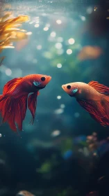 Twin betta fish drifting in softly lit bokeh aquarium.