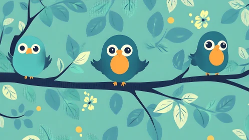 Three Cartoon Birds on a Branch in Playful Pastel Illustration.