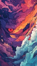 Stormy abstract monster face with single glowing eye