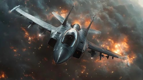 Military jet fighter moves through dense clouds and fire
