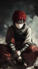 Brooding red-haired shinobi in seated tactical repose.