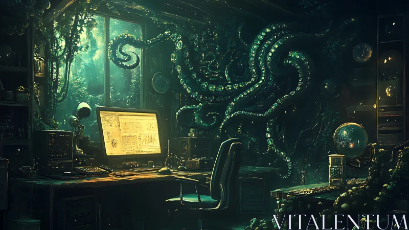 Digital painting of bio-luminescent tentacles in overgrown lab interior.