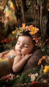 Sleeping Infant Positioned on Natural Fiber Surface with Floral Crown Arrangement