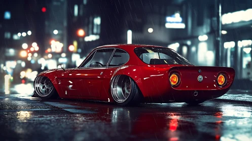 Low-slung red sports coupe under neon rain-soaked city lights.