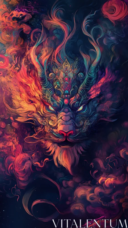 Chromatic nebula dragon portrait with turbulent plasma curls.