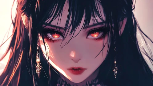 Dark haired anime girl with glowing red eyes, close portrait.