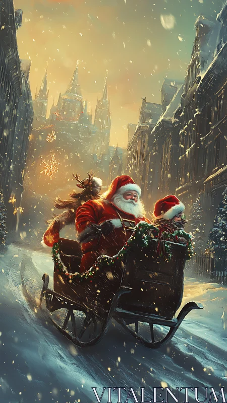 Santa-led sleigh races through snowy steampunk city street.
