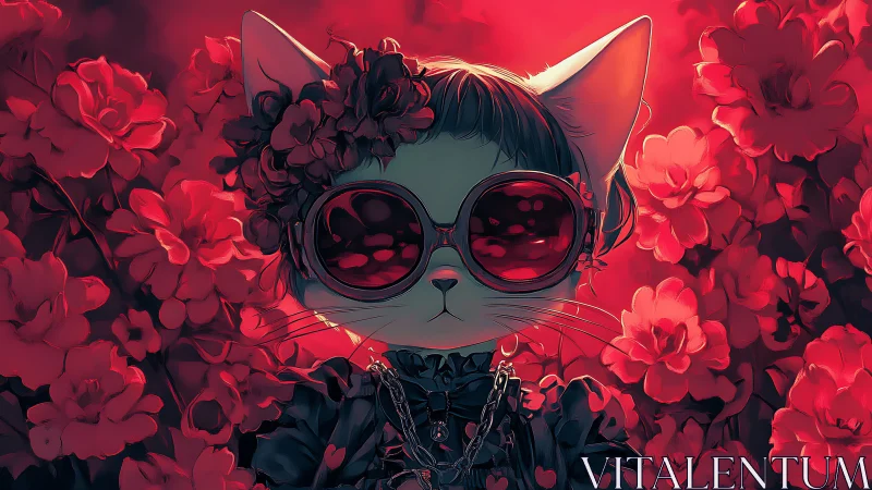 Cyberpunk Feline in Red Rose Garden with Visor Sunglasses.