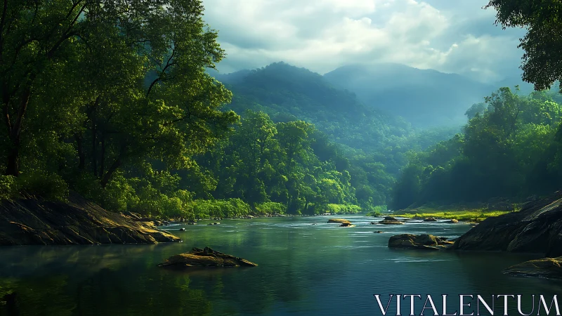 River cuts through dense green forest beneath misty hills