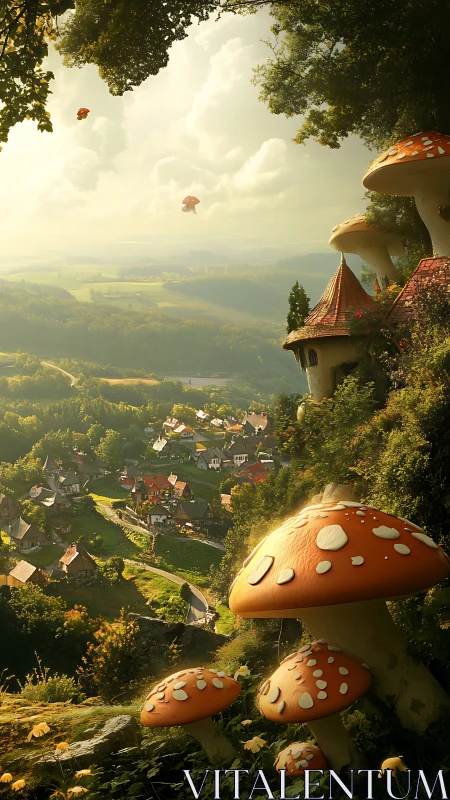 Mushroom structures overlook sunlit valley village and landscape