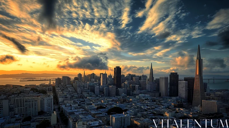 Sunlit skyline over dramatic bay cityscape at dusk.