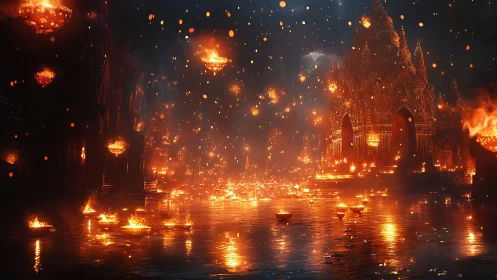 Apocalyptic city engulfed in golden flames and fire.