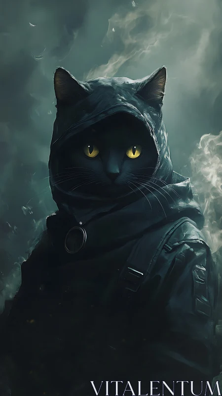 Midnight hooded cat sentinel prowling through swirling mist.