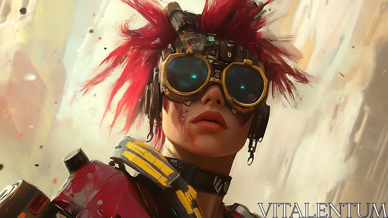 Cyberpunk pilot portrait with augmented visor and red hair