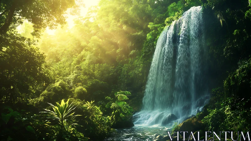Sunlit jungle waterfall pours into a peaceful green oasis