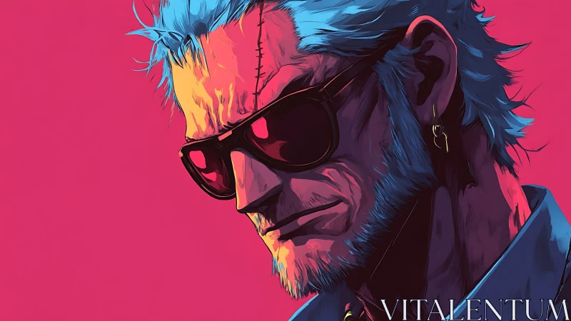 Stylized male portrait with sunglasses and scar profile view.