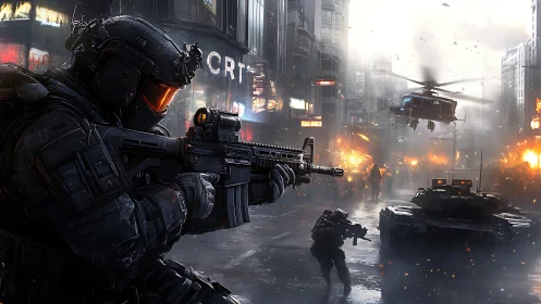 Futuristic urban firefight with tactical infantry, APC and gunship