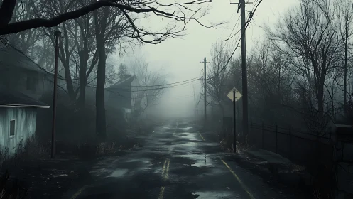 Foggy two-lane residential road with bare winter trees.