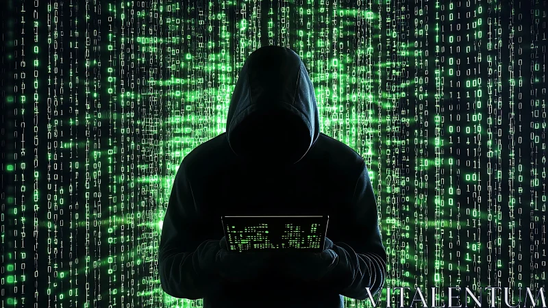 Hooded hacker silhouette with binary code background.