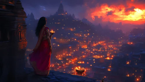 Lady in crimson sari above a river of festival flames at dusk.
