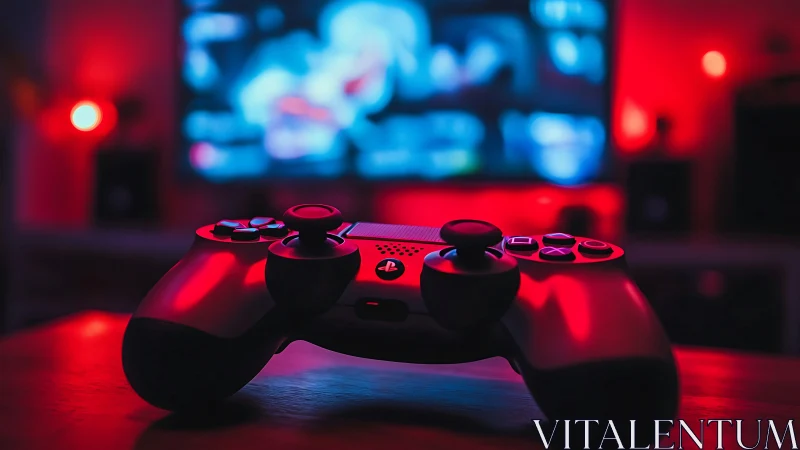 Game controller glows in neon red and blue gaming ambience