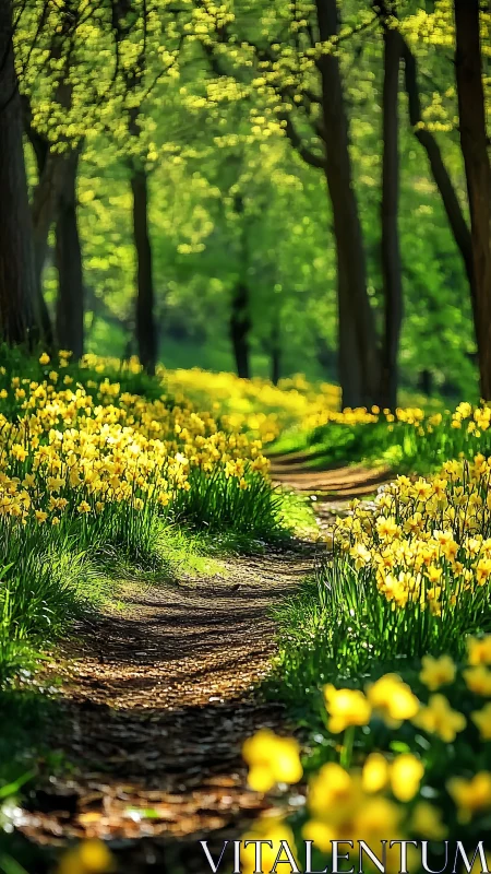Spring woodland trail lined with yellow daffodils in soft bokeh