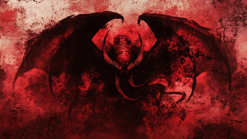 Crimson winged demon emerging from swirling painted shadows.