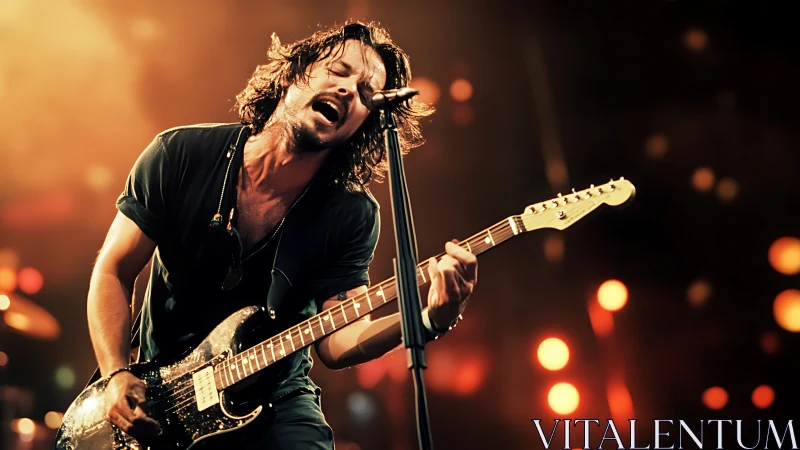 Guitar shreds ignite a molten halo of stage lights