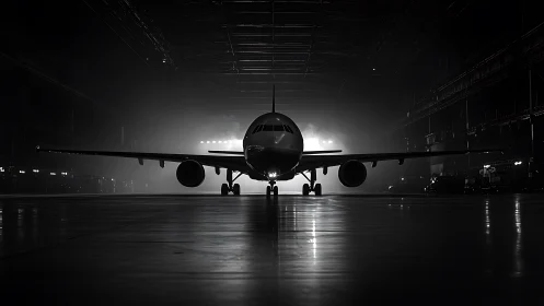 Passenger jet nose-on in dimly lit aircraft hangar.