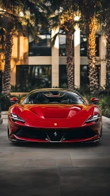 Red Ferrari sports car parked under tall palm trees.