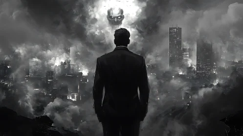 Solitary executive facing ominous specter above cityscape.