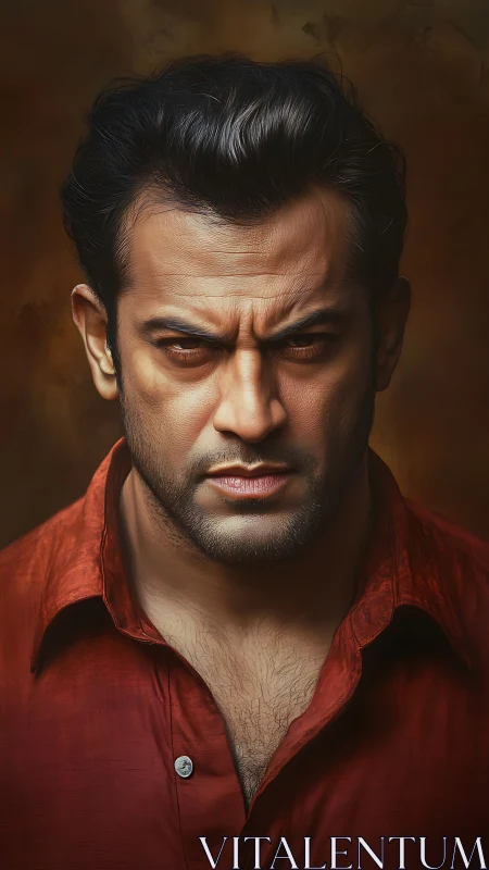 Hyperreal digital portrait of stern male subject in red shirt.