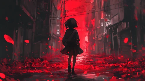 Silhouette girl walks through red lit empty urban alley.