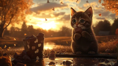 Anthropomorphic Feline Subject in Golden Hour Landscape Setting.