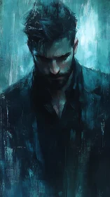 Brooding male portrait in teal impasto digital brushwork.