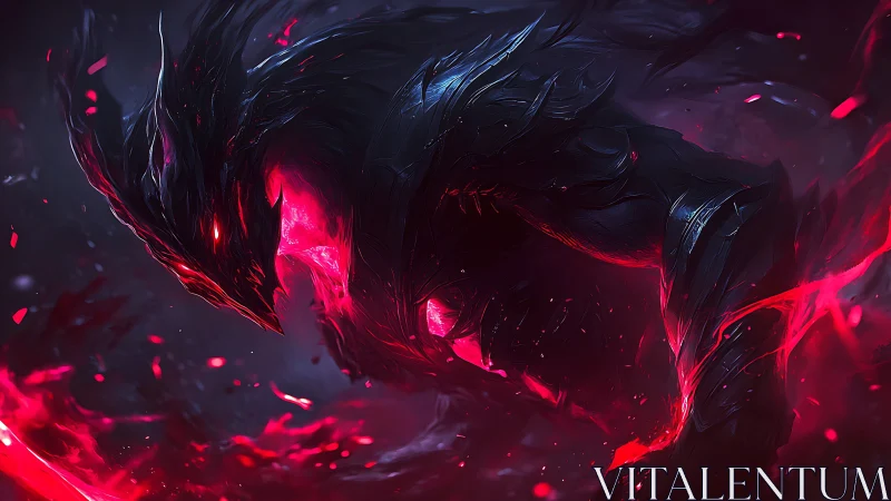 Digital painting of infernal void entity in crimson motion.