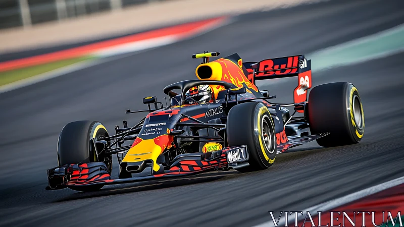 Red Bull Formula 1 car on high-speed race circuit track.