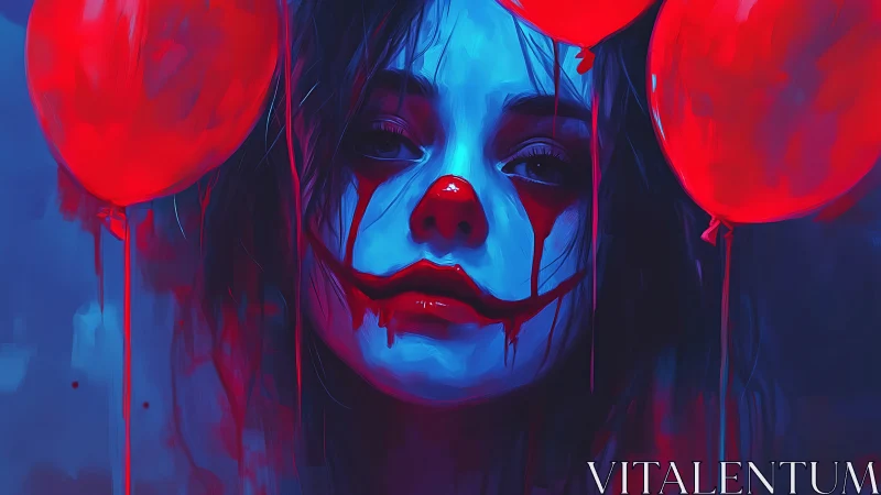 Melancholic clown girl framed by glowing crimson balloons.
