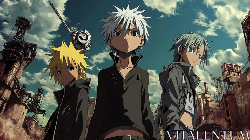 Brave anime trio wandering a rusted city of endless sky.